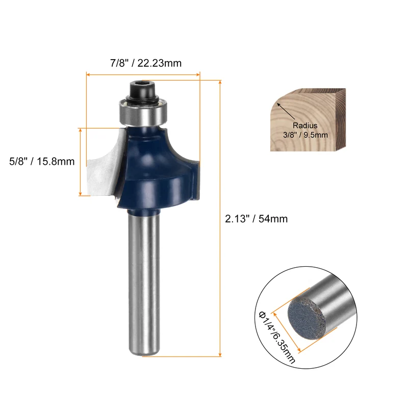 2pcs Roundover Router Bit 1/4 Shank 3/16" Radius Carbide Tipped Woodworking Tool