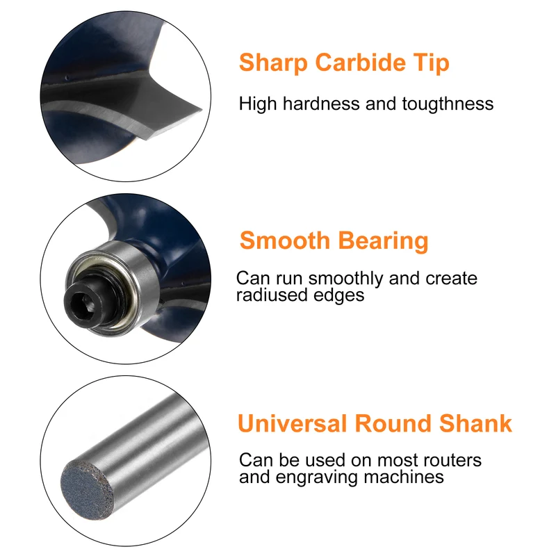 Roundover Router Bit 1/4 Shank 3/16" Radius Carbide Tipped Edge Rounding Over Bit with Bearing Guide, Woodworking Milling Tool Blue