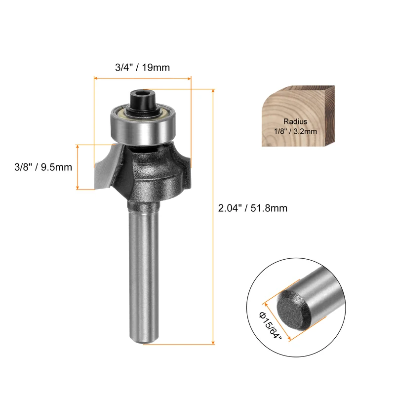 2pcs Roundover Router Bit 15/64" Shank 1/8" Radius Carbide Tipped Tool