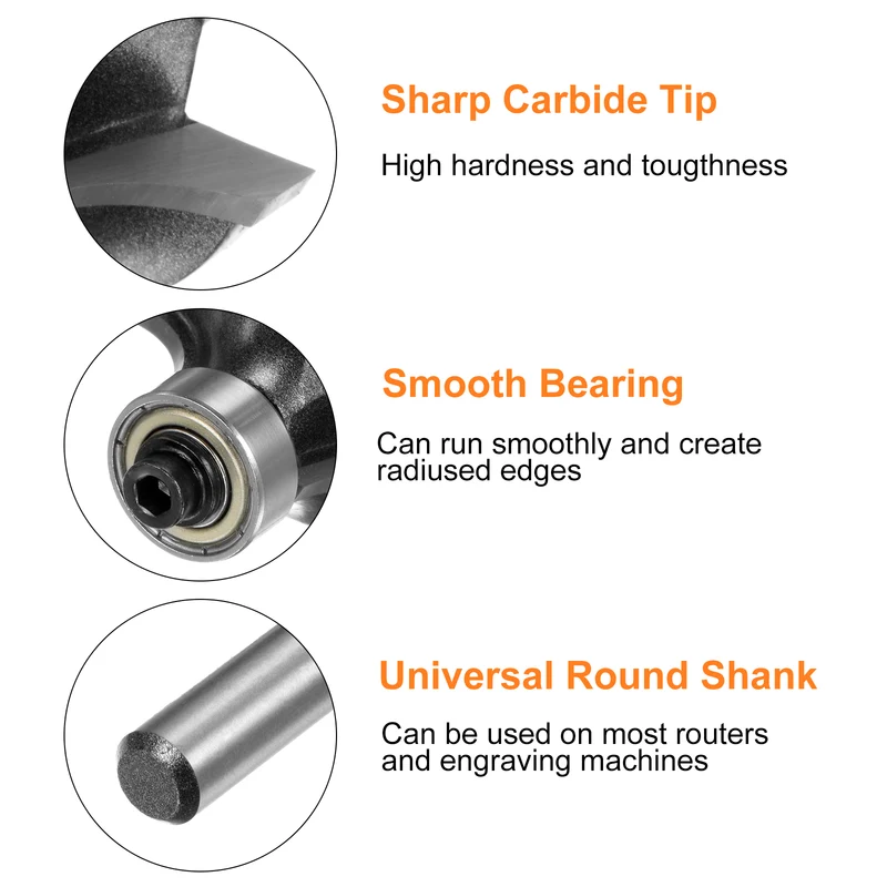 2pcs Roundover Router Bit 1/4 Shank 5/16" Radius Carbide Tipped Edge Rounding Over Bit with Bearing Guide, Woodworking Milling Tool