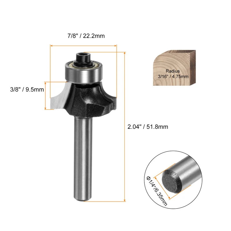 2pcs Roundover Router Bit 1/4 Shank 3/16" Radius Carbide Tipped Tool