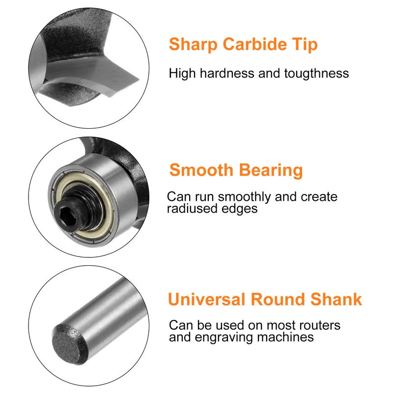 2pcs Roundover Router Bit 1/4 Shank 3/16" Radius Carbide Tipped Tool
