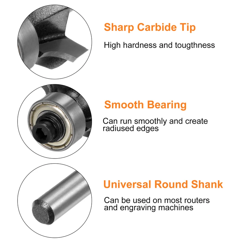 2pcs Roundover Router Bit 1/4 Shank 5/32" Radius Carbide Tipped Edge Rounding Over Bit with Bearing Guide, Woodworking Milling Tool