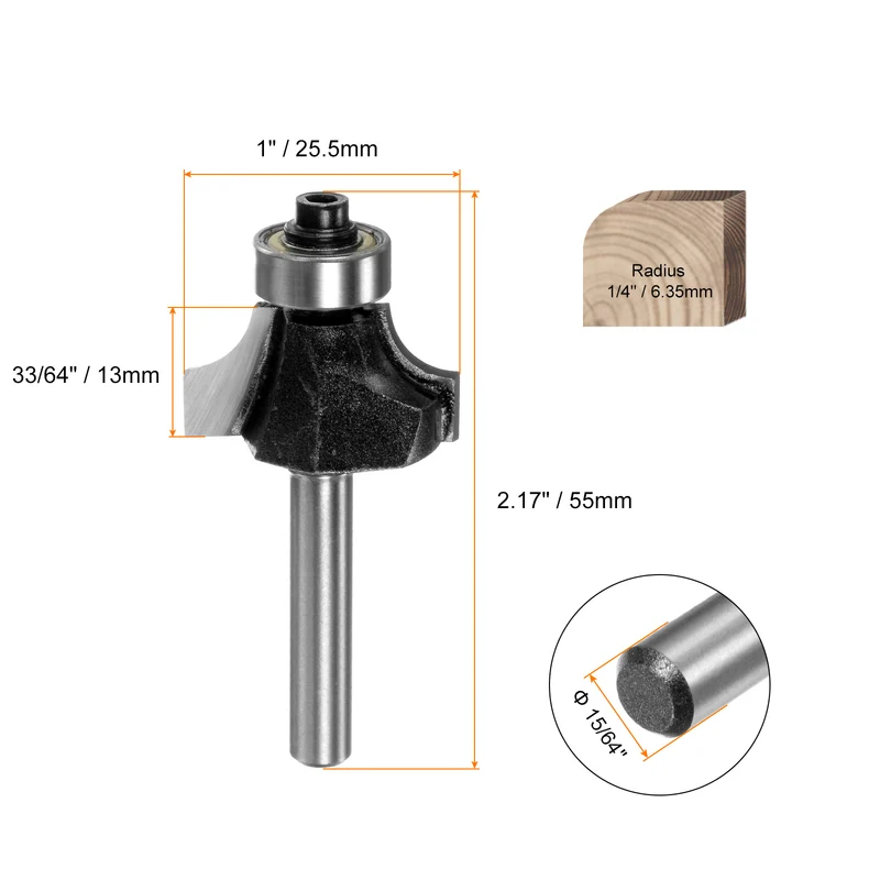 Roundover Router Bit 15/64" Shank 1/4" Radius Carbide Tipped Tool