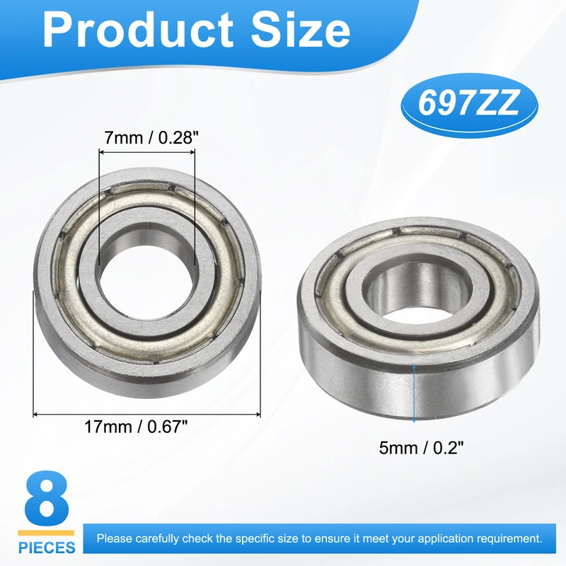 697ZZ 7x17x5mm Deep Groove Ball Bearing, 8Pcs Metal Sealed Industrial Bearing