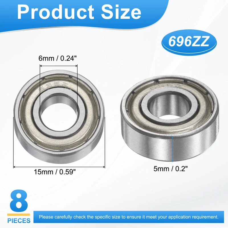 696ZZ 6x15x5mm Deep Groove Ball Bearing, 8Pcs Metal Sealed Industrial Bearing