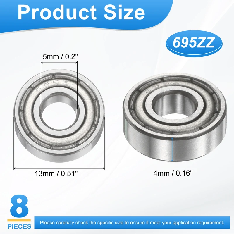 695ZZ 5x13x4mm Deep Groove Ball Bearing, 8Pcs Metal Sealed Industrial Bearing