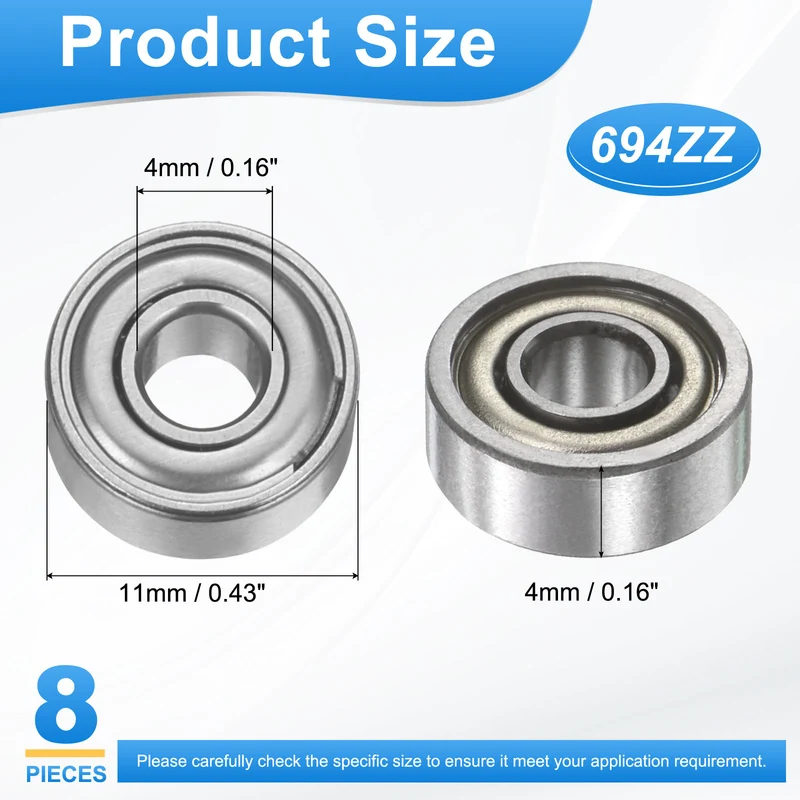 694ZZ 4x11x4mm Deep Groove Ball Bearing, 8Pcs Metal Sealed Industrial Bearing