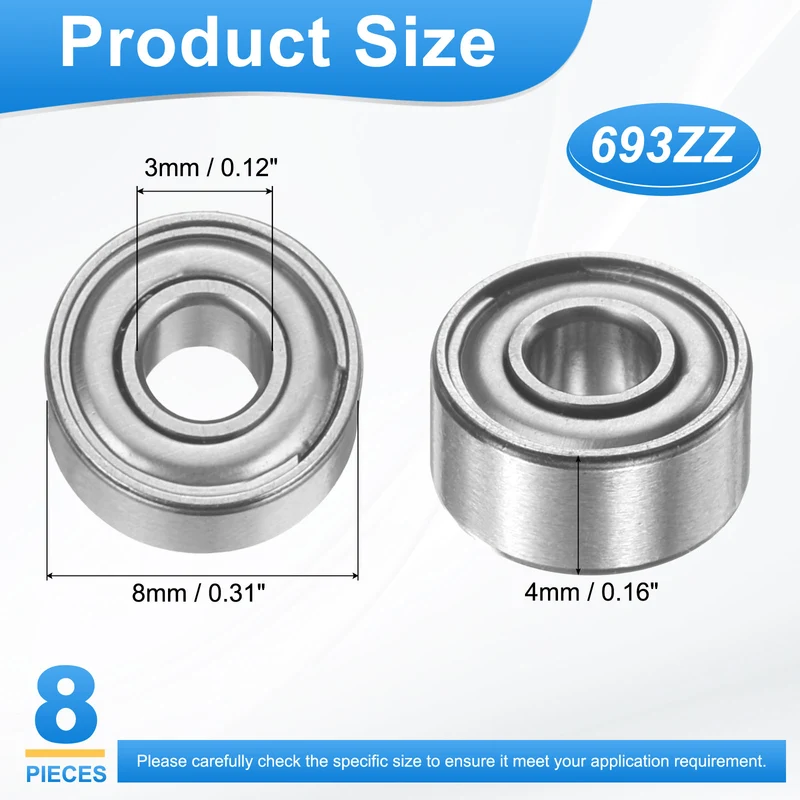 693ZZ 3x8x4mm Deep Groove Ball Bearing, 8Pcs Metal Sealed Industrial Bearing