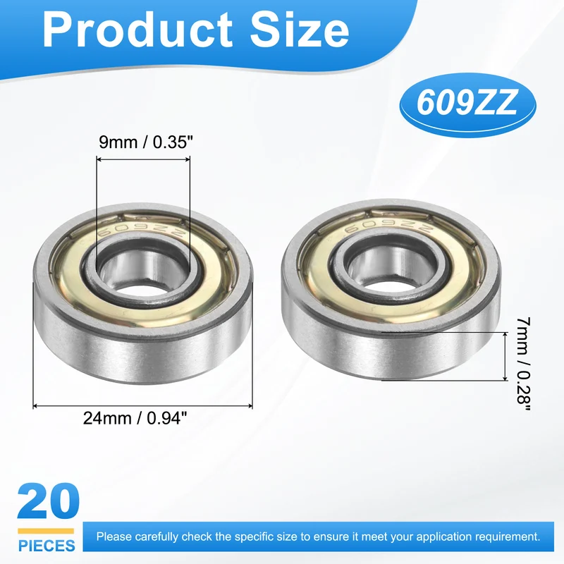609ZZ 9x24x7mm Deep Groove Ball Bearing, 20Pcs Metal Sealed Industrial Bearing