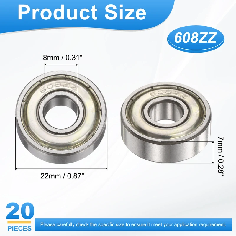 608ZZ 8x22x7mm Deep Groove Ball Bearing, 20Pcs Metal Sealed Industrial Bearing