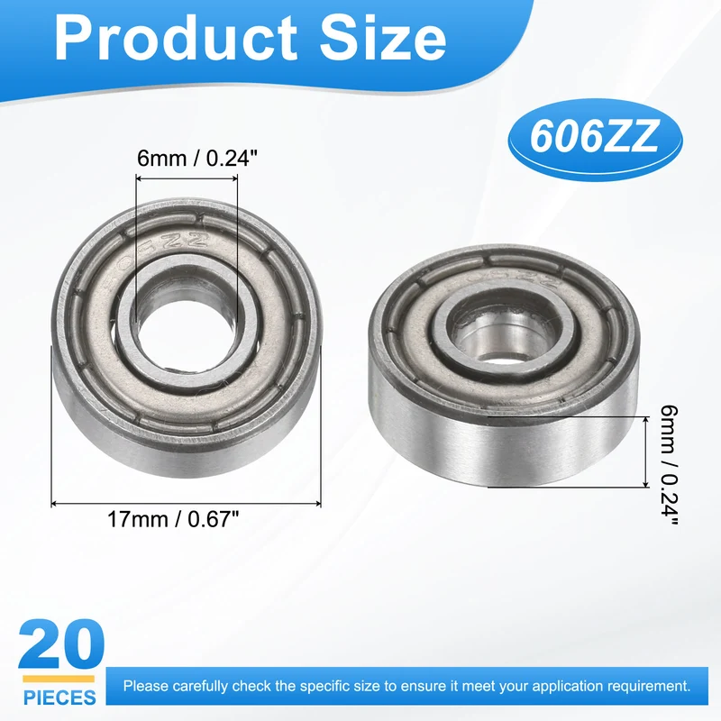 606ZZ 6x17x6mm Deep Groove Ball Bearing, 20Pcs Metal Sealed Industrial Bearing