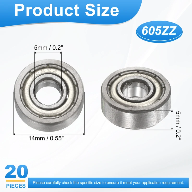 605ZZ 5x14x5mm Deep Groove Ball Bearing, 20Pcs Metal Sealed Industrial Bearing
