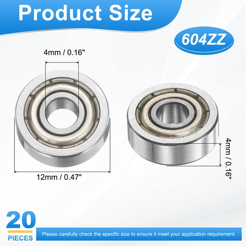 604ZZ 4x12x4mm Deep Groove Ball Bearing, 20Pcs Metal Sealed Industrial Bearing