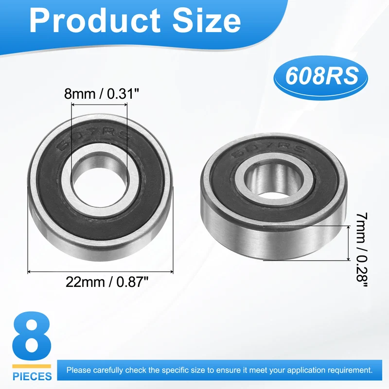 608RS 8x22x7mm Deep Groove Ball Bearing, 8Pcs Plastic Sealed Industrial Bearing