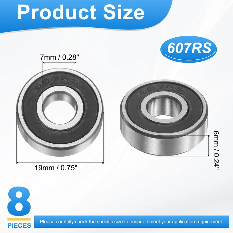 607RS 7x19x6mm Deep Groove Ball Bearing, 8Pcs Plastic Sealed Industrial Bearing