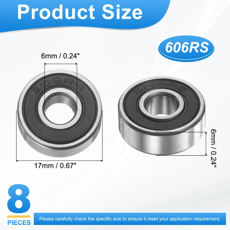 606RS 6x17x6mm Deep Groove Ball Bearing, 8Pcs Plastic Sealed Industrial Bearing