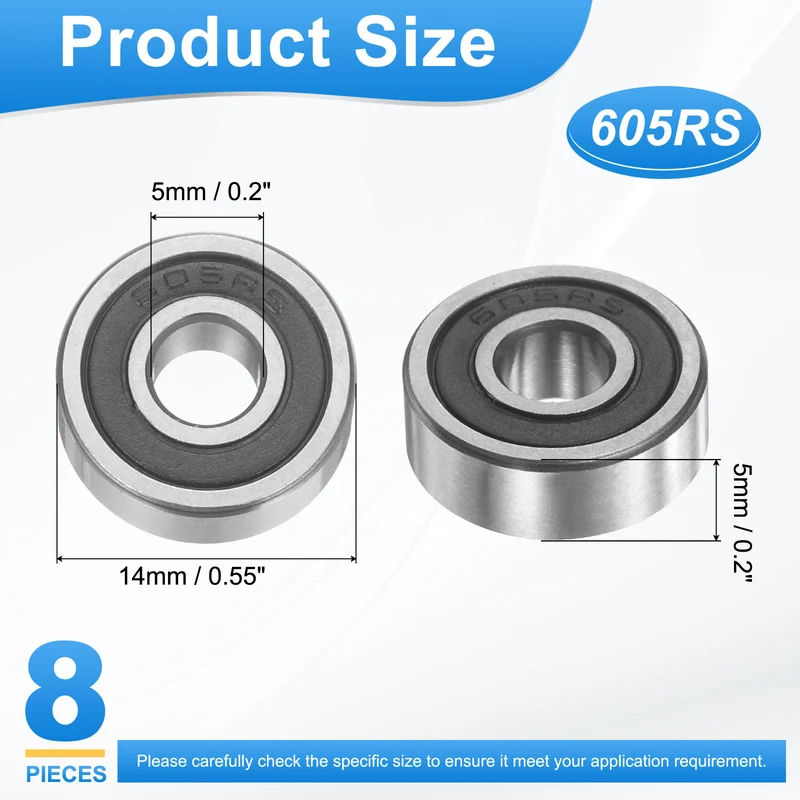 605RS 5x14x5mm Deep Groove Ball Bearing, 8Pcs Plastic Sealed Industrial Bearing