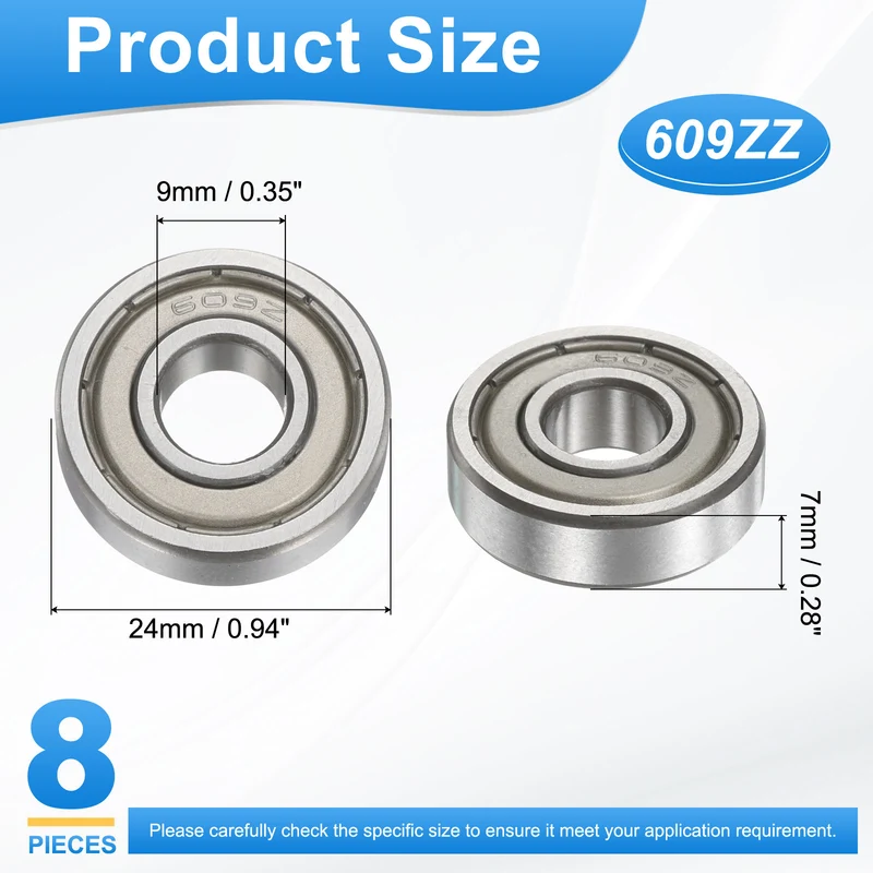 609ZZ 9x24x7mm Deep Groove Ball Bearing, 8Pcs Metal Sealed Industrial Bearing