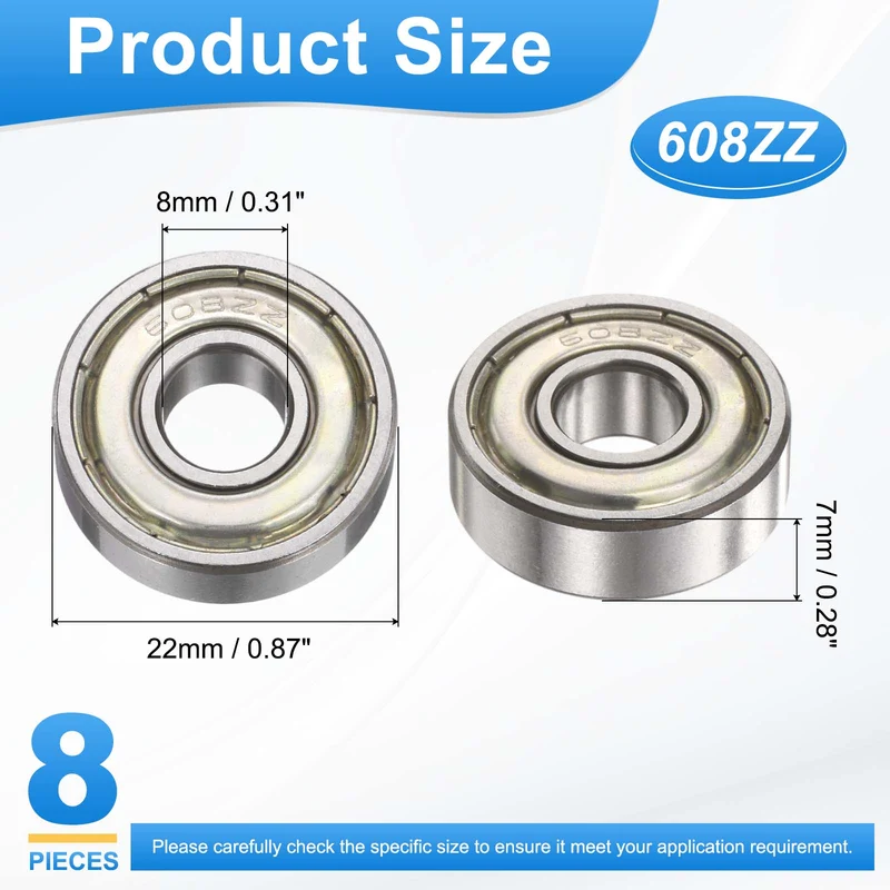 608ZZ 8x22x7mm Deep Groove Ball Bearing, 8Pcs Metal Sealed Industrial Bearing