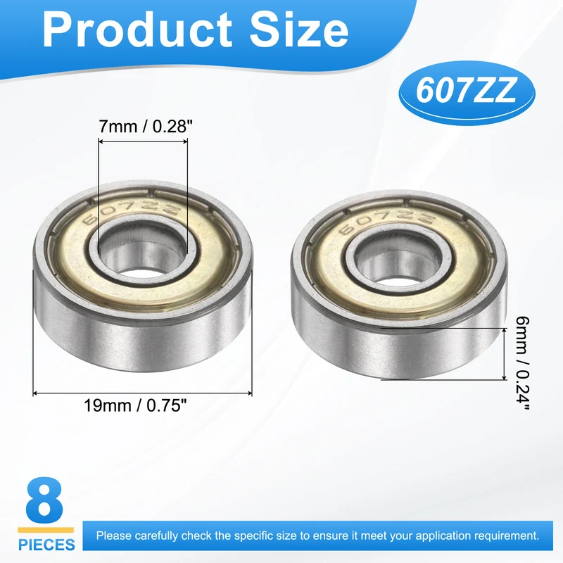 607ZZ 7x19x6mm Deep Groove Ball Bearing, 8Pcs Metal Sealed Industrial Bearing