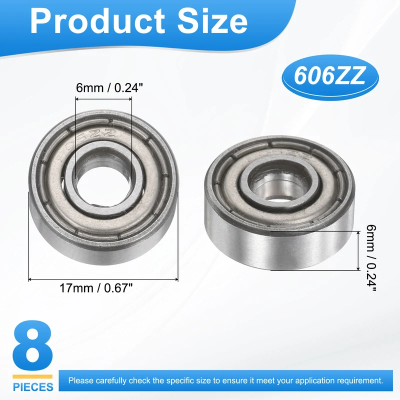 606ZZ 6x17x6mm Deep Groove Ball Bearing, 8Pcs Metal Sealed Industrial Bearing