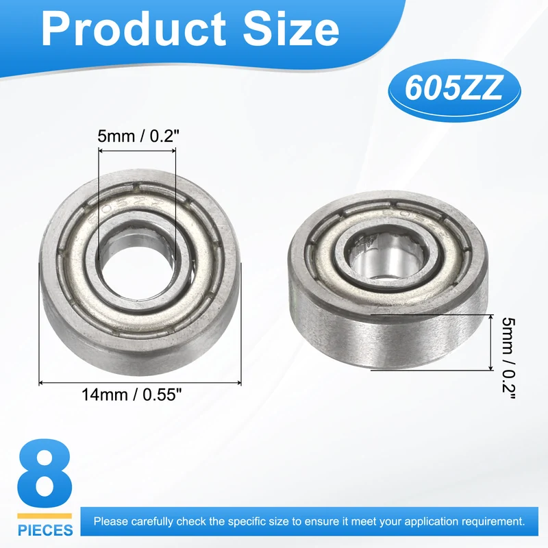 605ZZ 5x14x5mm Deep Groove Ball Bearing, 8Pcs Metal Sealed Industrial Bearing