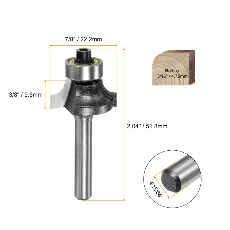 Roundover Router Bit 15/64" Shank 3/16" Radius Carbide Tipped Tool