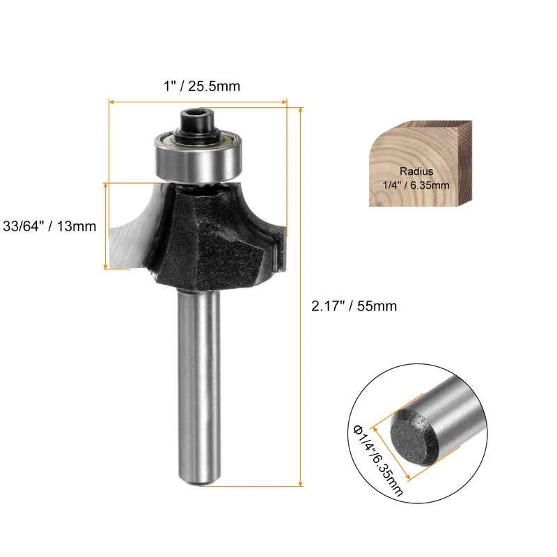 Roundover Router Bit 1/4 Shank 1/4" Radius Carbide Tipped Edge Rounding Over Bit with Bearing Guide, Woodworking Milling Tool
