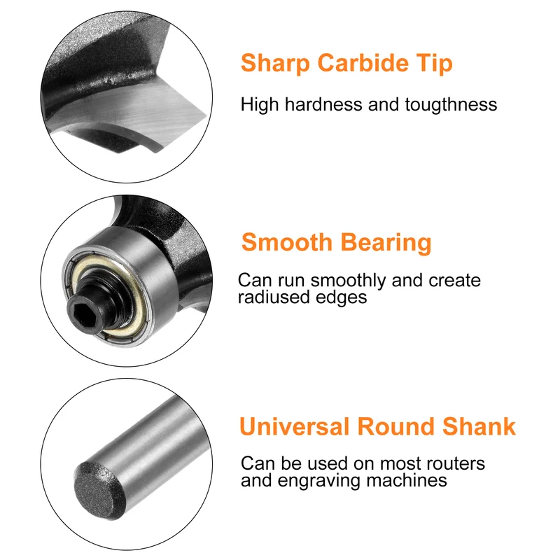 Roundover Router Bit 1/4 Shank 1/4" Radius Carbide Tipped Edge Rounding Over Bit with Bearing Guide, Woodworking Milling Tool