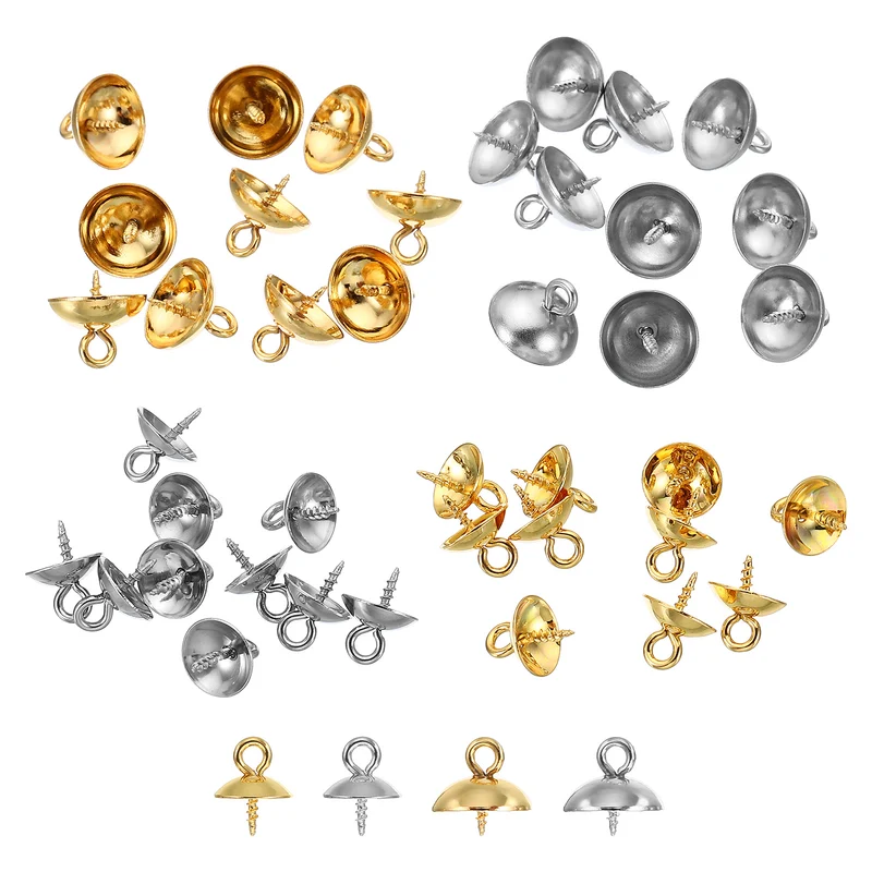 8mm/10mm Cup Pearl Screw Eye Pin Peg Pendant, 40 Pcs Eye Pin Pegs with Cap for Earrings Half Drilled Beads Making, Gold&Silver