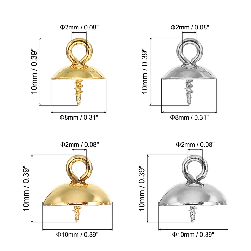 8mm/10mm Cup Pearl Screw Eye Pin Peg Pendant, 40 Pcs Eye Pin Pegs with Cap for Earrings Half Drilled Beads Making, Gold&Silver