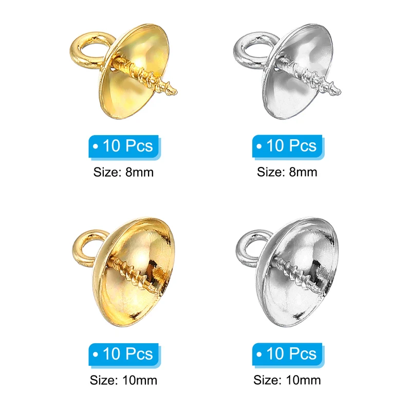 8mm/10mm Cup Pearl Screw Eye Pin Peg Pendant, 40 Pcs Eye Pin Pegs with Cap for Earrings Half Drilled Beads Making, Gold&Silver