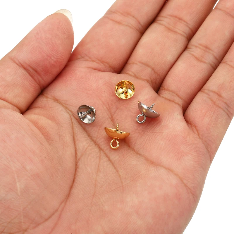 8mm/10mm Cup Pearl Screw Eye Pin Peg Pendant, 40 Pcs Eye Pin Pegs with Cap for Earrings Half Drilled Beads Making, Gold&Silver