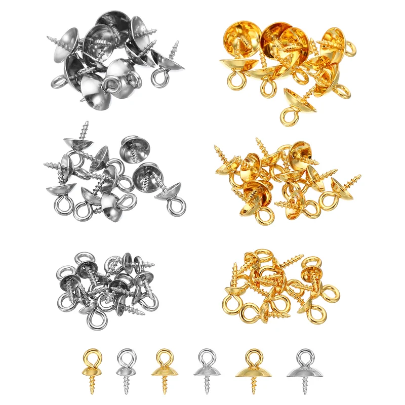 4mm/6mm/8mm Cup Pearl Screw Eye Pin Peg Pendant, 60 Pcs Eye Pin Pegs with Cap