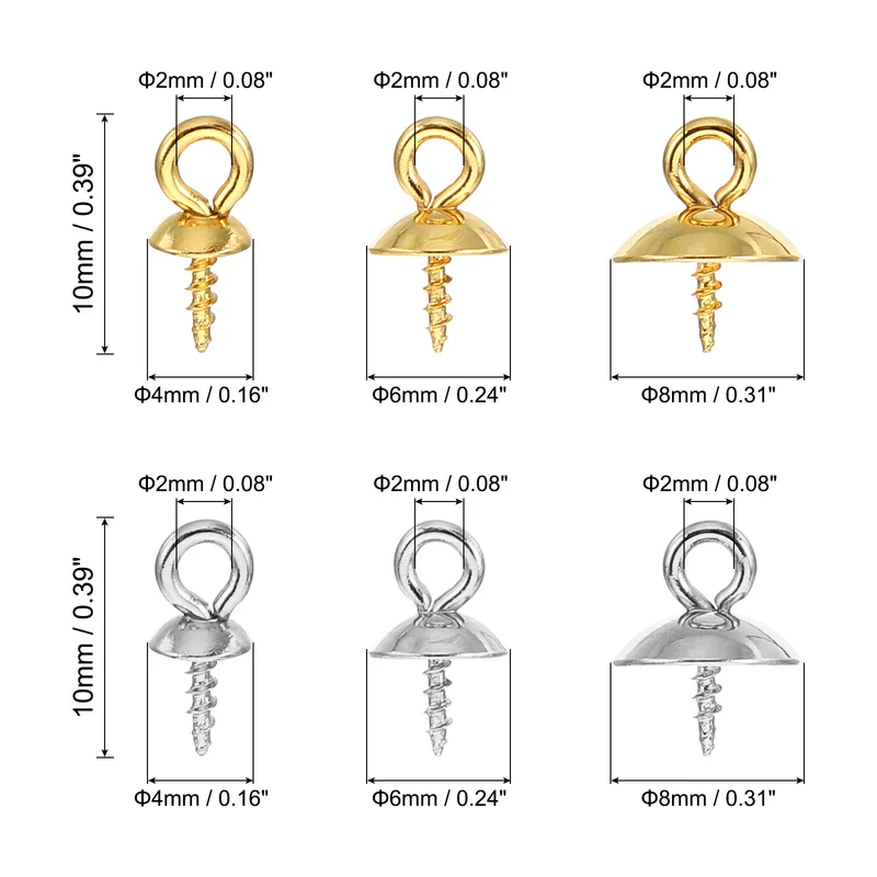 4mm/6mm/8mm Cup Pearl Screw Eye Pin Peg Pendant, 60 Pcs Eye Pin Pegs with Cap