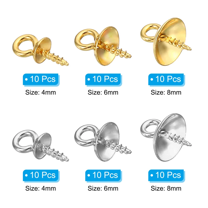 4mm/6mm/8mm Cup Pearl Screw Eye Pin Peg Pendant, 60 Pcs Eye Pin Pegs with Cap