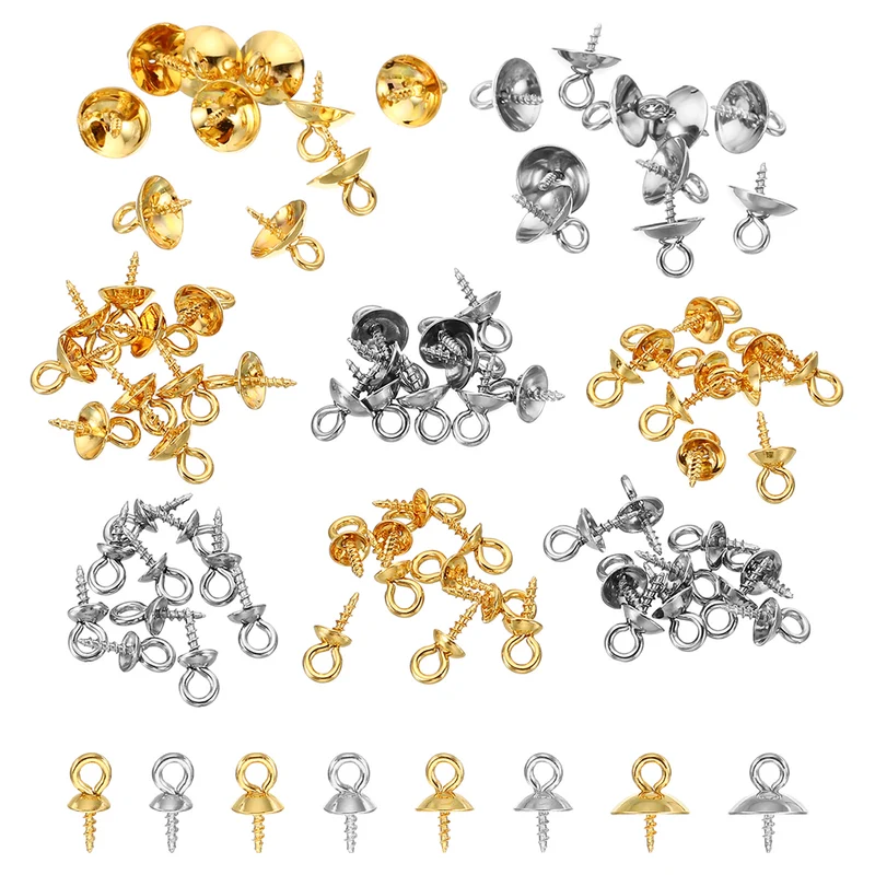4mm/5mm/6mm/8mm Cup Pearl Screw Eye Pin Peg Pendant, 80 Pcs Eye Pin Pegs with Cap for Earrings Half Drilled Beads Making, Gold&Silver
