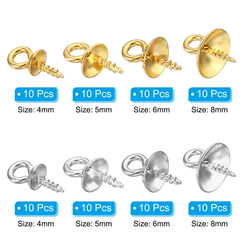 4mm/5mm/6mm/8mm Cup Pearl Screw Eye Pin Peg Pendant, 80 Pcs Eye Pin Pegs with Cap for Earrings Half Drilled Beads Making, Gold&Silver