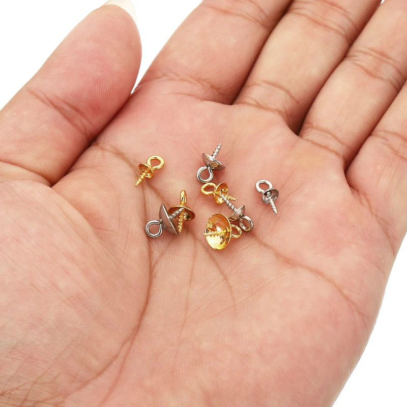 4mm/5mm/6mm/8mm Cup Pearl Screw Eye Pin Peg Pendant, 80 Pcs Eye Pin Pegs with Cap for Earrings Half Drilled Beads Making, Gold&Silver