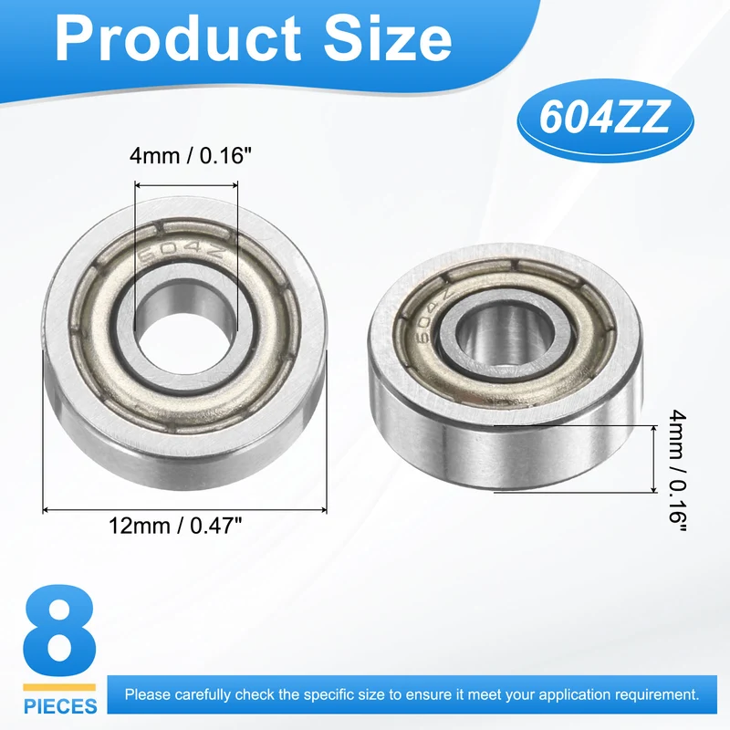 604ZZ 4x12x4mm Deep Groove Ball Bearing, 8Pcs Metal Sealed Industrial Bearing