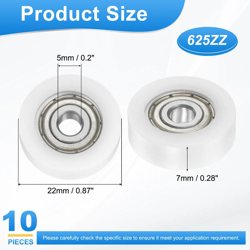 5x22x7mm Ball Bearing Guide Pulley Roller, 10PCS Nylon Round Wheel 625ZZ