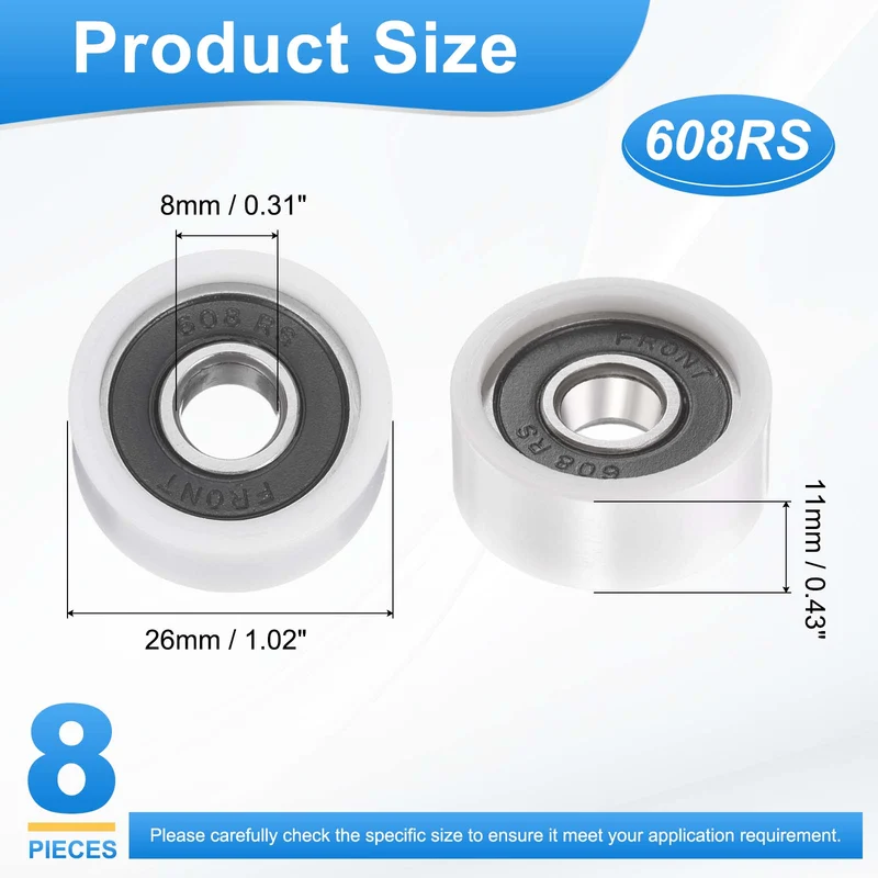 8x26x11mm Ball Bearing Guide Pulley Roller, 8PCS Nylon Round Wheel 608RS