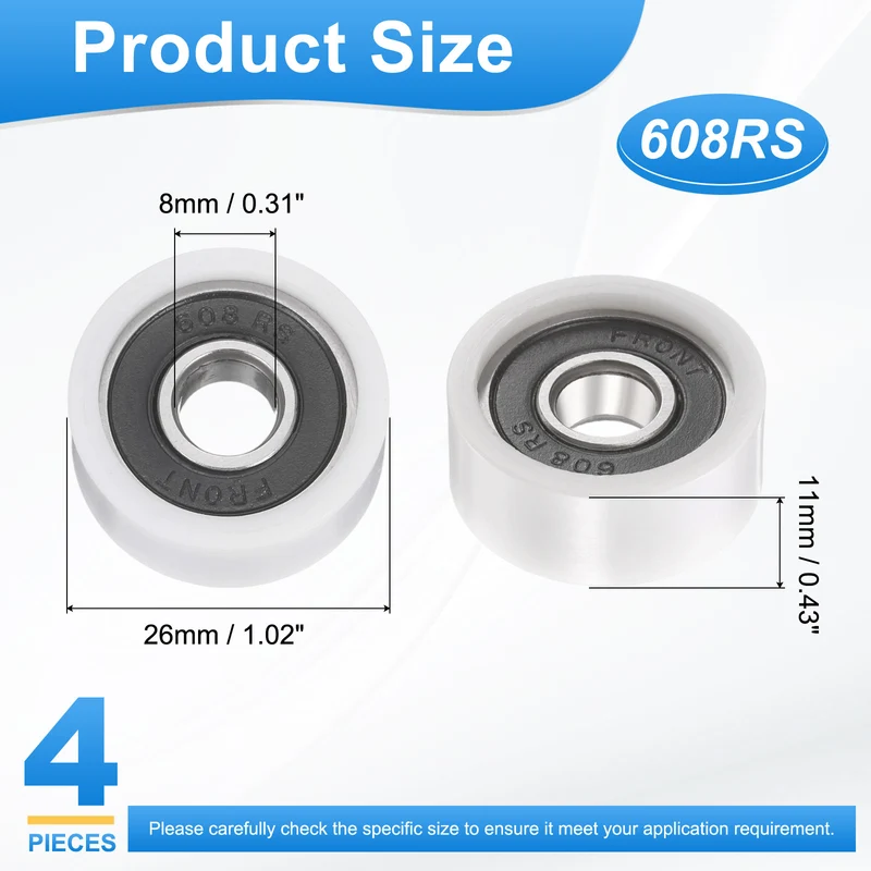 8x26x11mm Ball Bearing Guide Pulley Roller, 4PCS Nylon Round Wheel 608RS