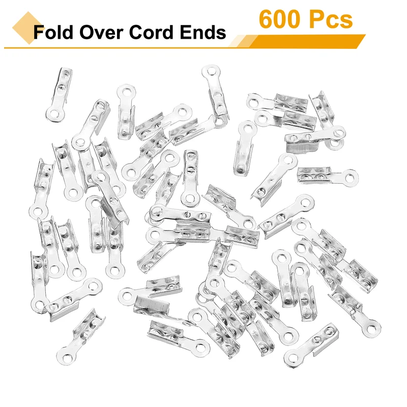 600 Pcs Fold Over Cord Ends, 8.1x1.2mm Ribbon Crimp Ends Cap (White K)