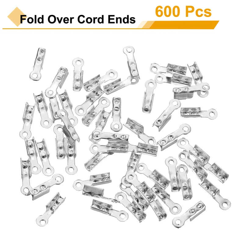 600 Pcs Fold Over Cord Ends, 8.1x1.2mm Ribbon Crimp Ends Cap (Silver)