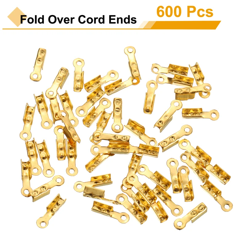 600 Pcs Fold Over Cord Ends, 8.1x1.2mm Ribbon Crimp Ends Cap (Light Gold)