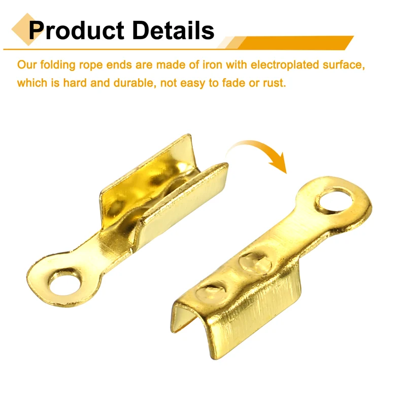 600 Pcs Fold Over Cord Ends, 8.1x1.2mm Ribbon Crimp Ends Cap (Gold)
