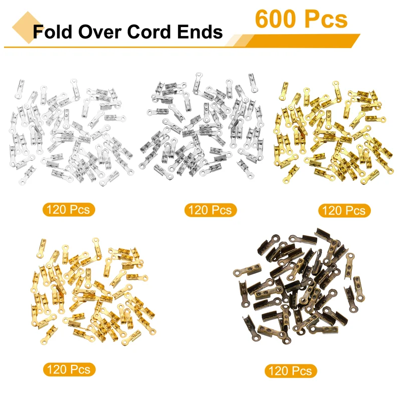 600 Pcs Fold Over Cord Ends, 8.1x1.2mm Ribbon Crimp Ends Cap (5 Colors)