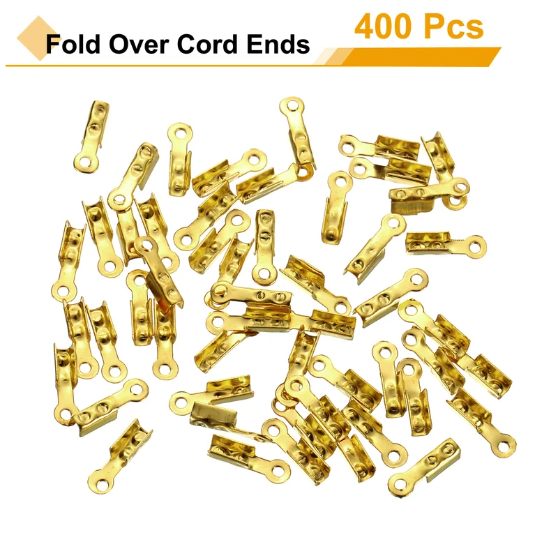 400 Pcs Fold Over Cord Ends, 8.1x1.2mm Ribbon Crimp Ends Cap (Gold)